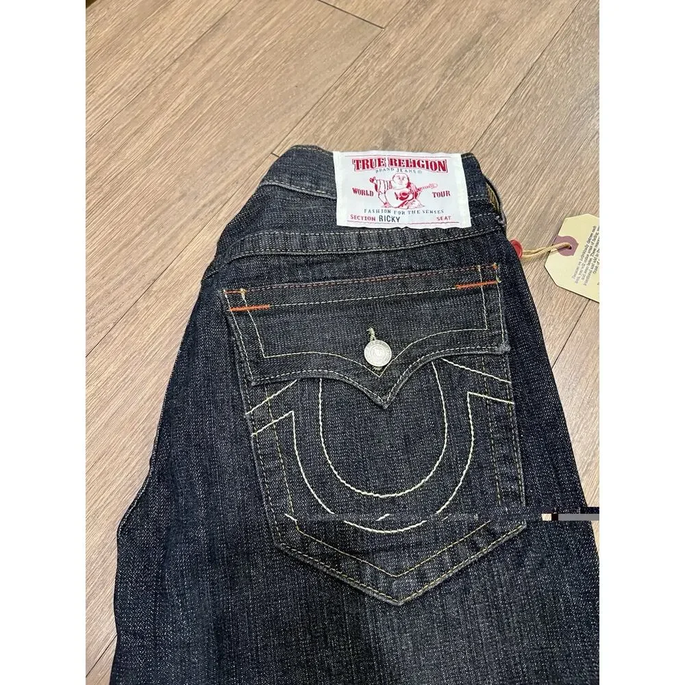 New True Religion Black Straight Ricky Jeans USA 34 Big T Flap Y2K